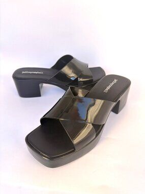 Jeffrey Campbell Bubblegum Platform Sandals Black Shiny Block Heel Jellies Sz 10